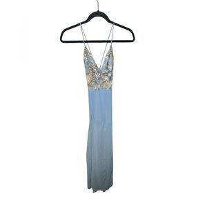 Lucy In the‎ Sky Light Blue MaxiDress Gold Floral Applique Spaghetti StrapFormal